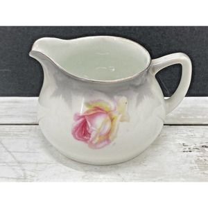 Germany Fine Bone China Cream Pitcher White w/Pink Yellow Flowers Roses Vintage